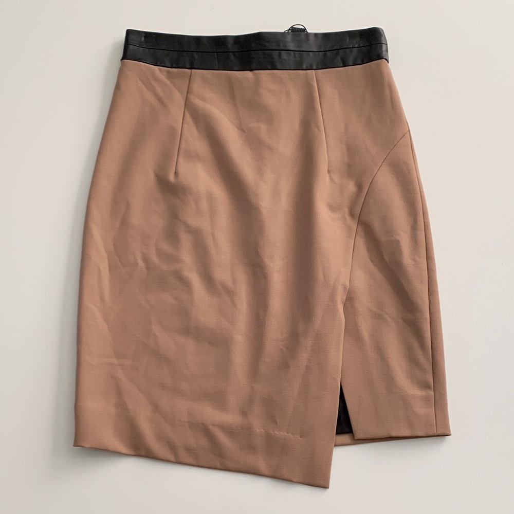 Milly Camel Slit Pencil Skirt w/ Lambskin Leather Waistband NWT Sz 6